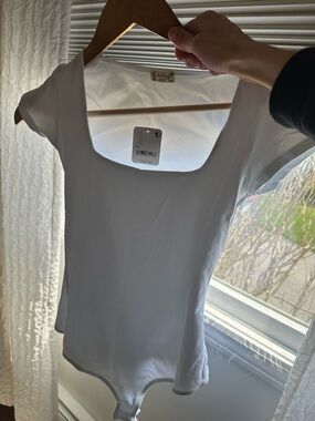 Free People White Square-Neck Short Sleeve Bodysuit